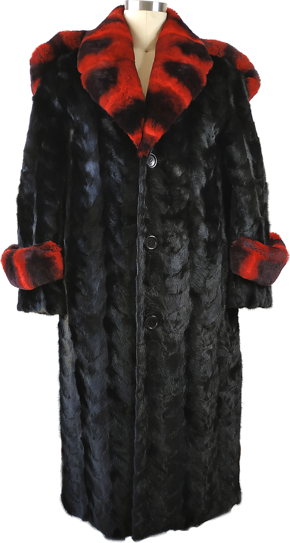 Winter Fur Black / Red Genuine Mink Trench Coat With Rex Rabbit Collar M69F01BKRR.